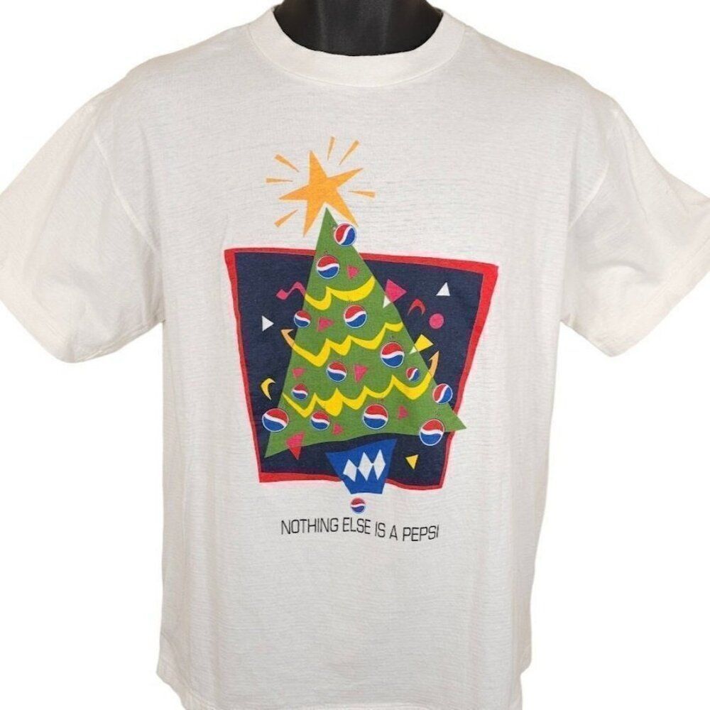 Vintage Pepsi Christmas T Shirt Mens Size Medium White 90s Holiday Tree